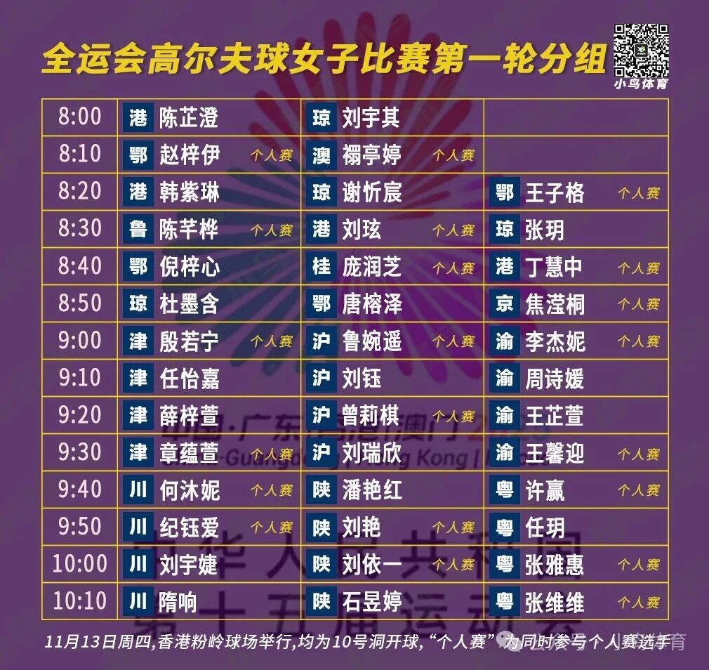 全运会高尔夫首轮分组公布！殷若宁丁文一同场香港